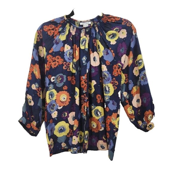 Creme Fraiche Size S Floral Pink Yellow Orange Navy Women Top Blouse 100% Silk - Picture 3 of 10
